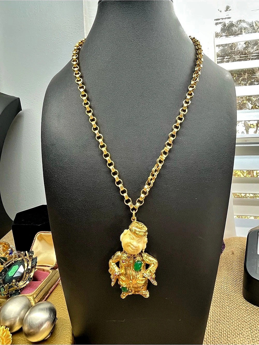 Vintage Art Laughing Buddha Pendant Necklace , Faux Ivory & Gold, 1960s USA